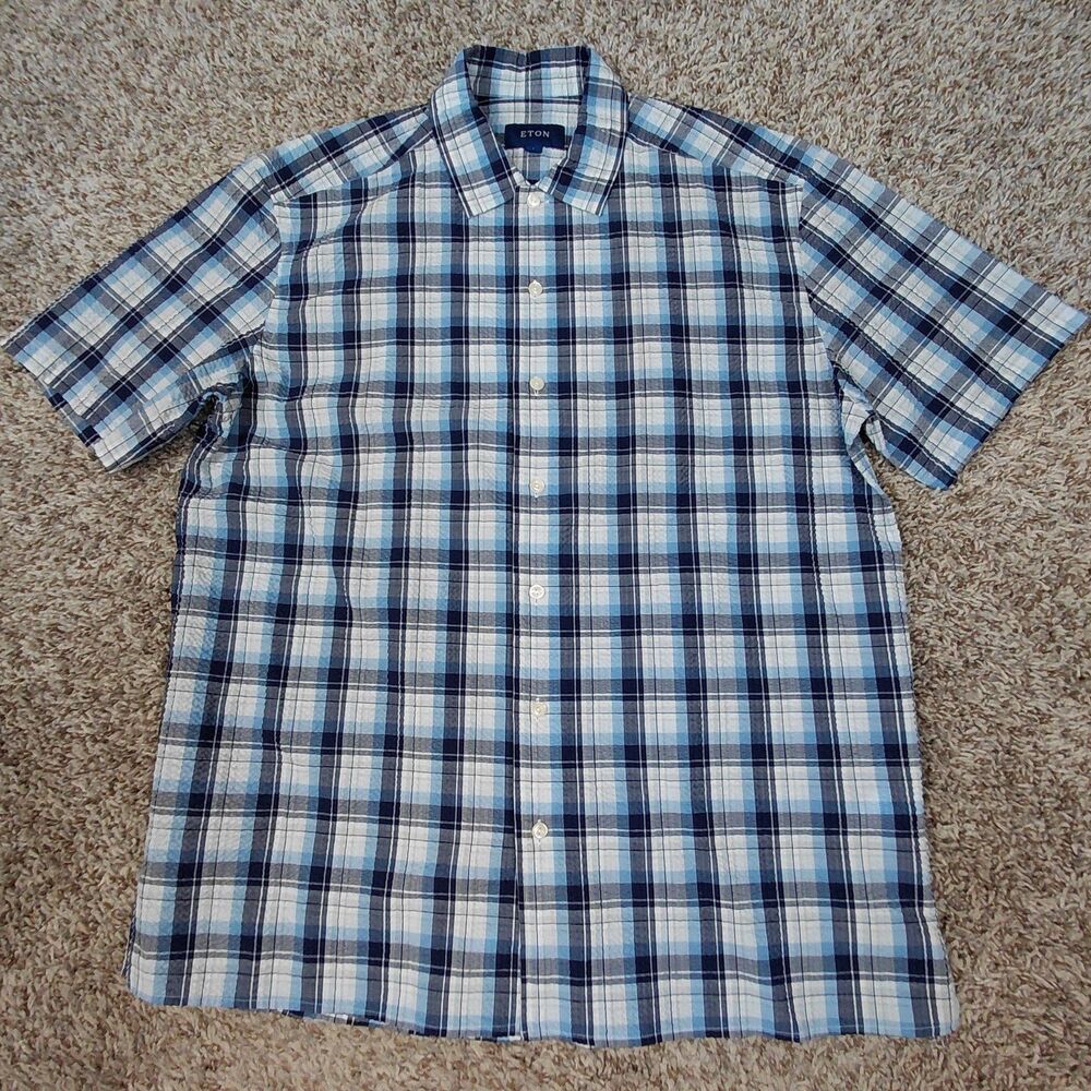Eton Button Up Shirt Mens Large Blue White Plaid Seersucker Short Sleeve Cotton